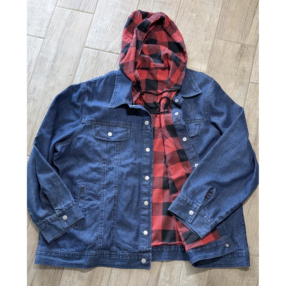 Northstyle Flannel Lined Denim Snap Front Jacket Hood Zip Pockets Womens 2X - Picture 2 of 10